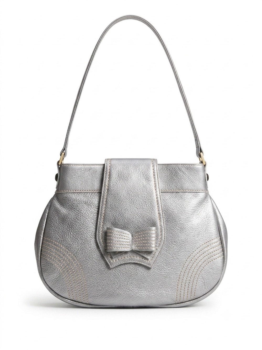 Vintage Charles Jourdan Metallic Silver Pebbled Leather Bow Shoulder Bag